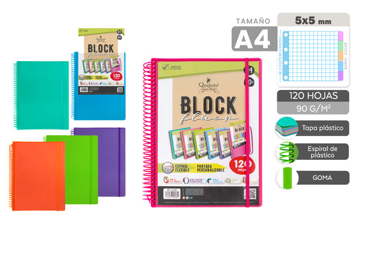 Cuaderno Espiral Flexible A4 120H 90G/M2 Cuadros 5X5Mm Tapa Plástico